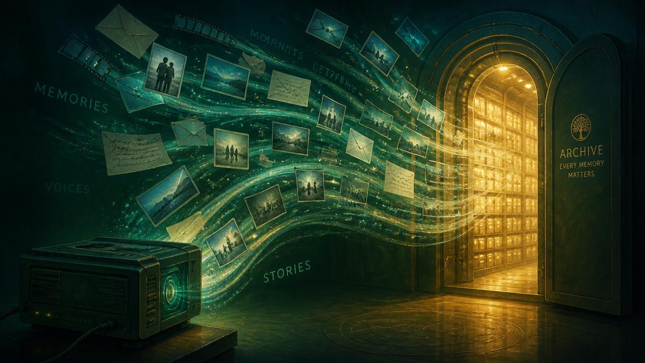 Photographs, letters and videos flowing as light into a luminous archive