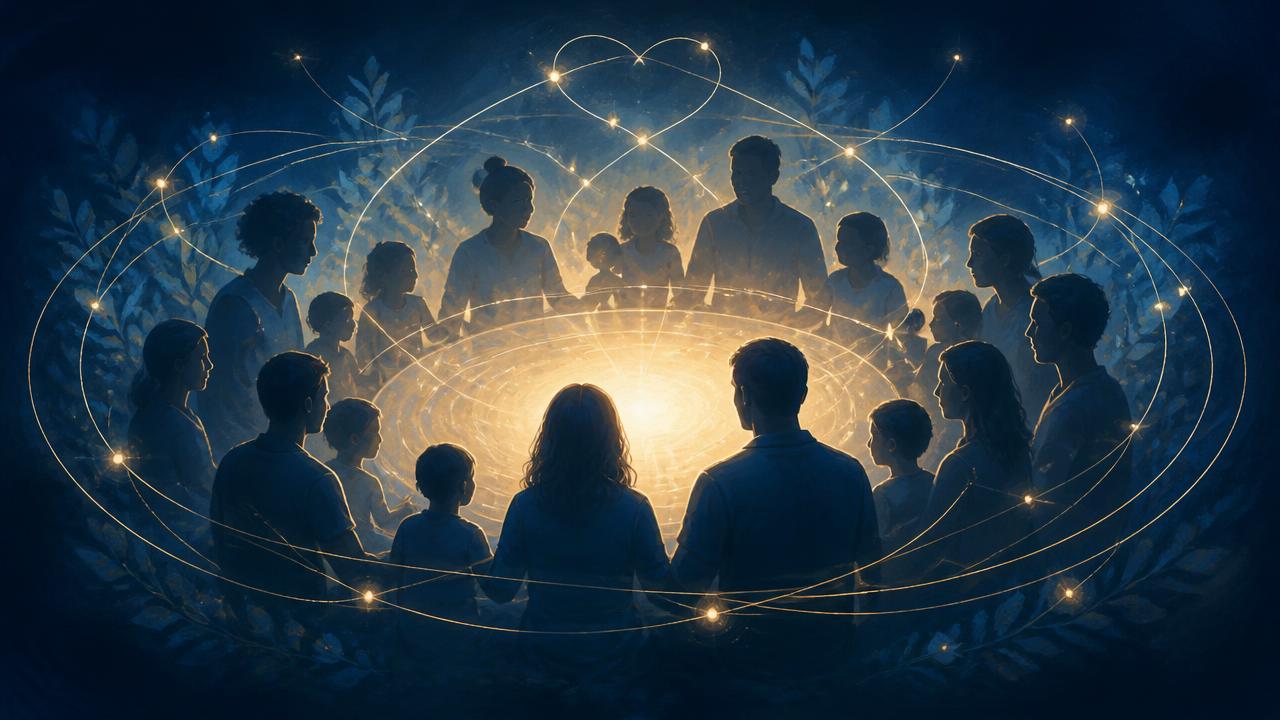 Families and friends gathered around a shared table of light